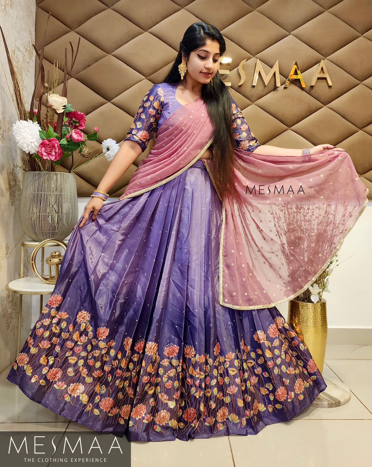 Lavender burnt pink ombre floral lehenga.