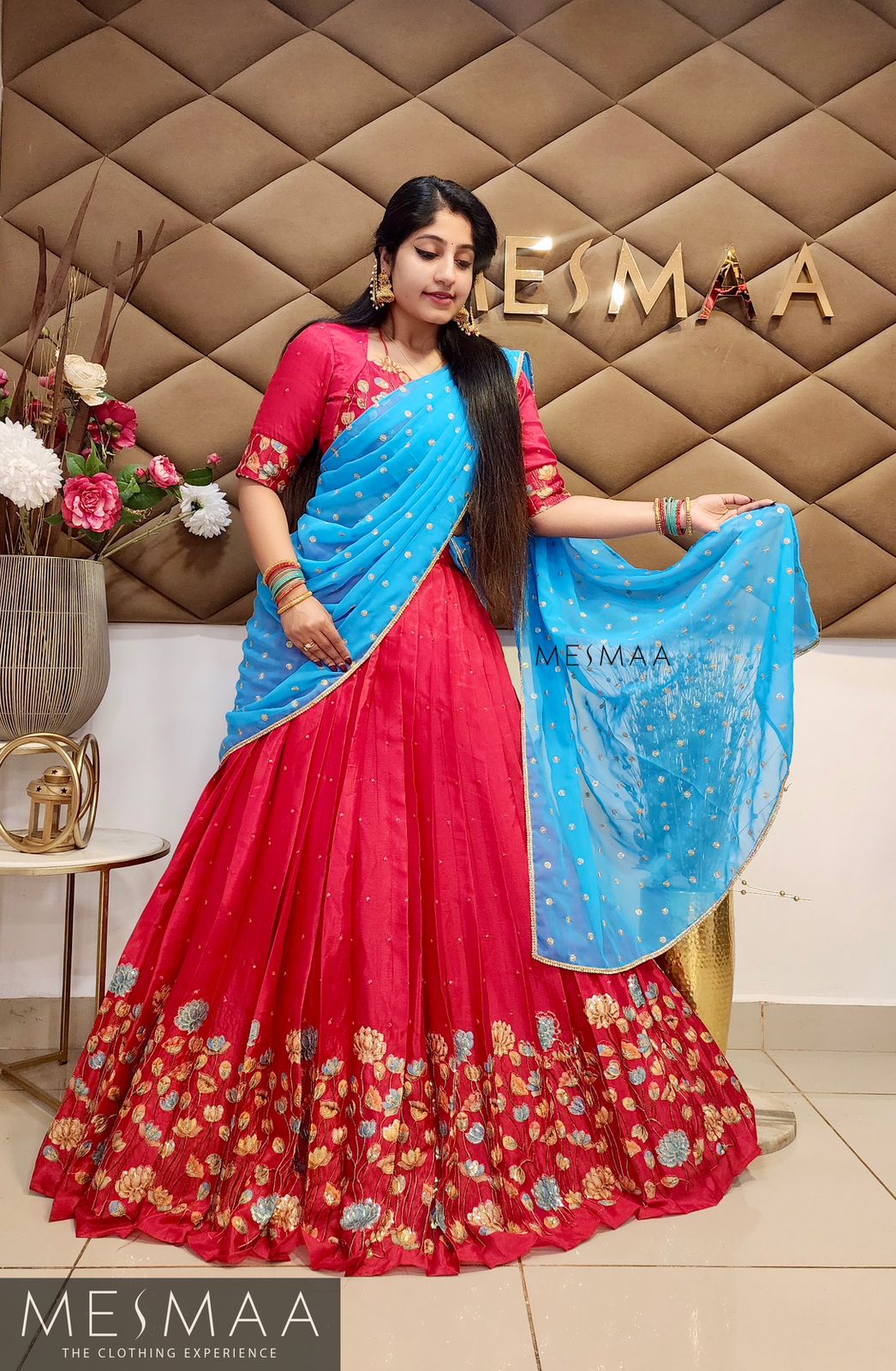 Ruby red sky blue ombre floral lehenga.