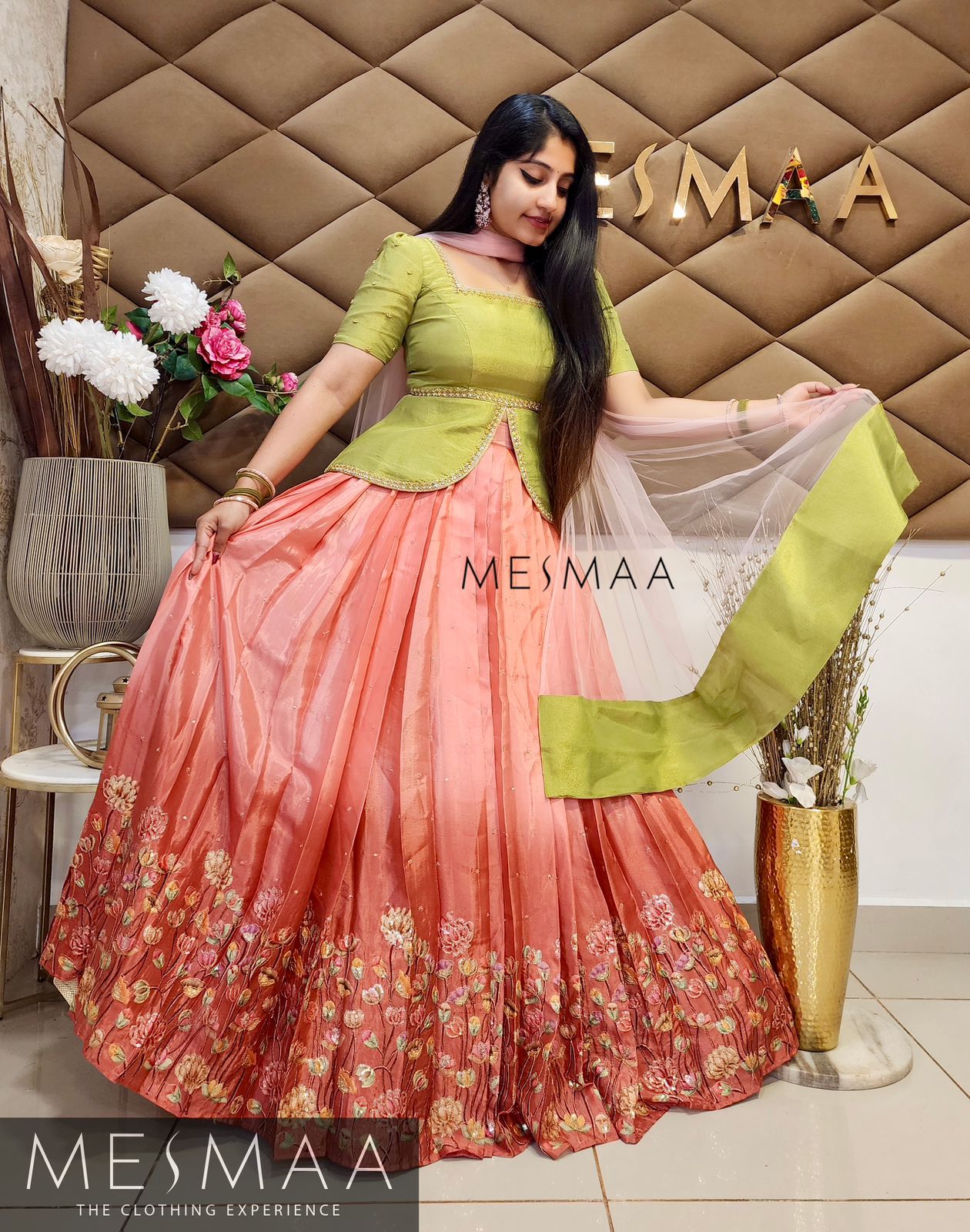 Pear green peach ombre floral lehenga.