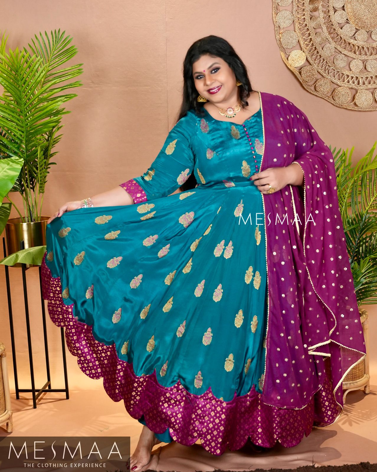 Peacock blue purple banarasi flared Anarkali