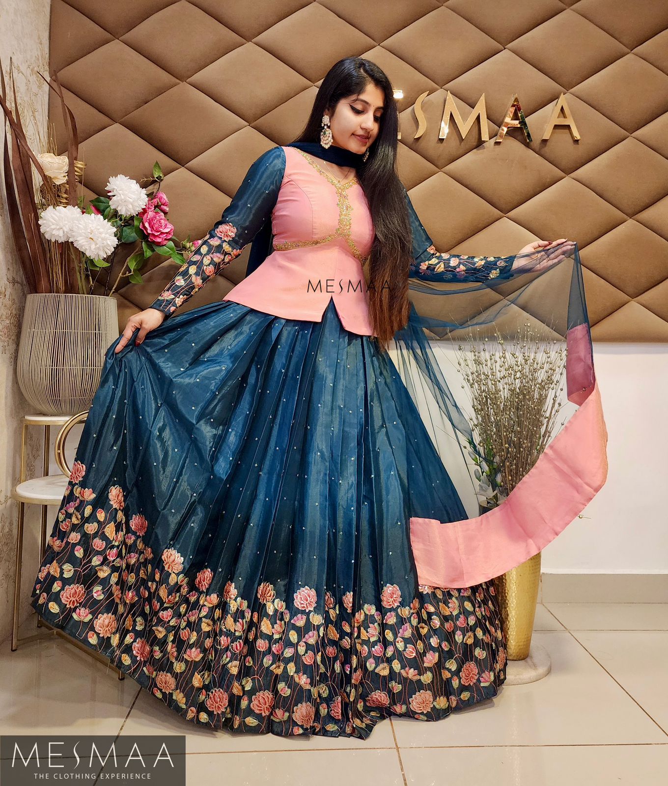 Flamingo pink peacock blue ombre floral lehenga.