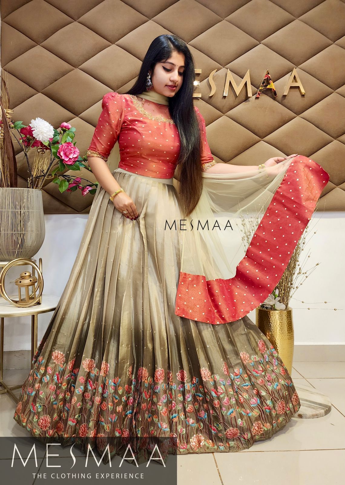 Coral moss green ombre floral lehenga.