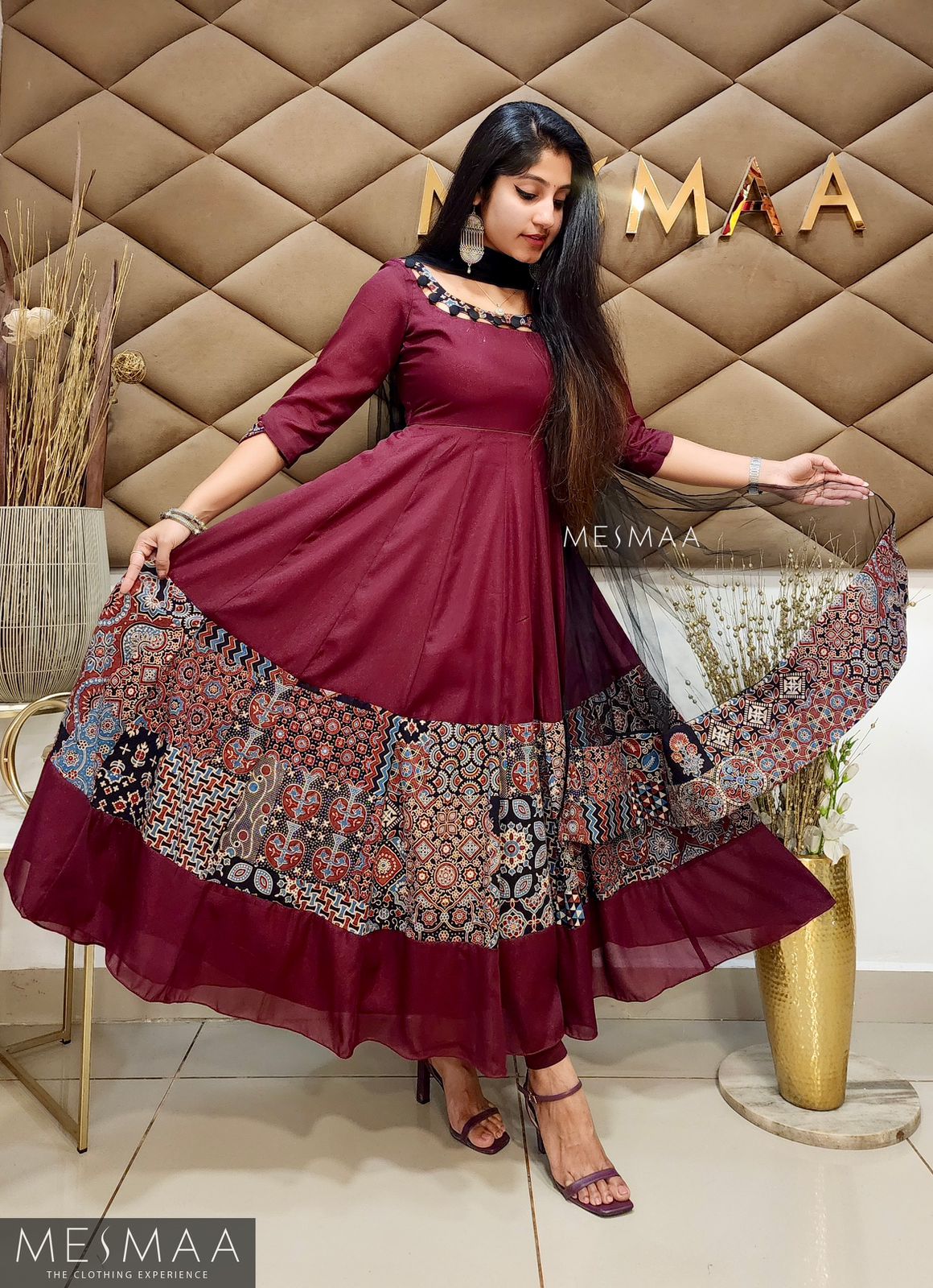 Maroon black ajrakh anarkali.