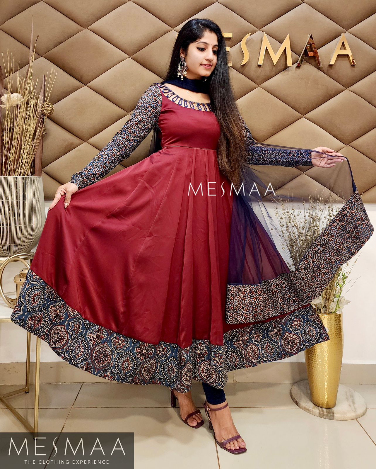 Maroon indigo blue ajrakh anarkali.