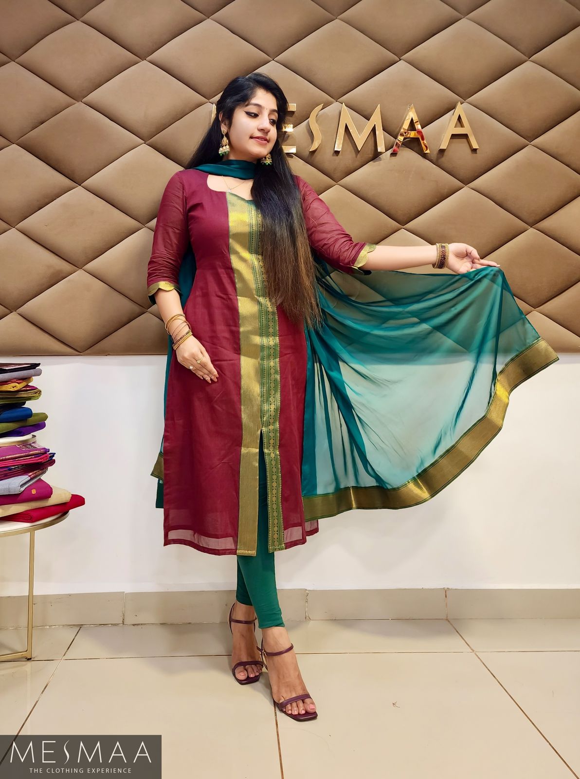 Maroon bottle green kurti.