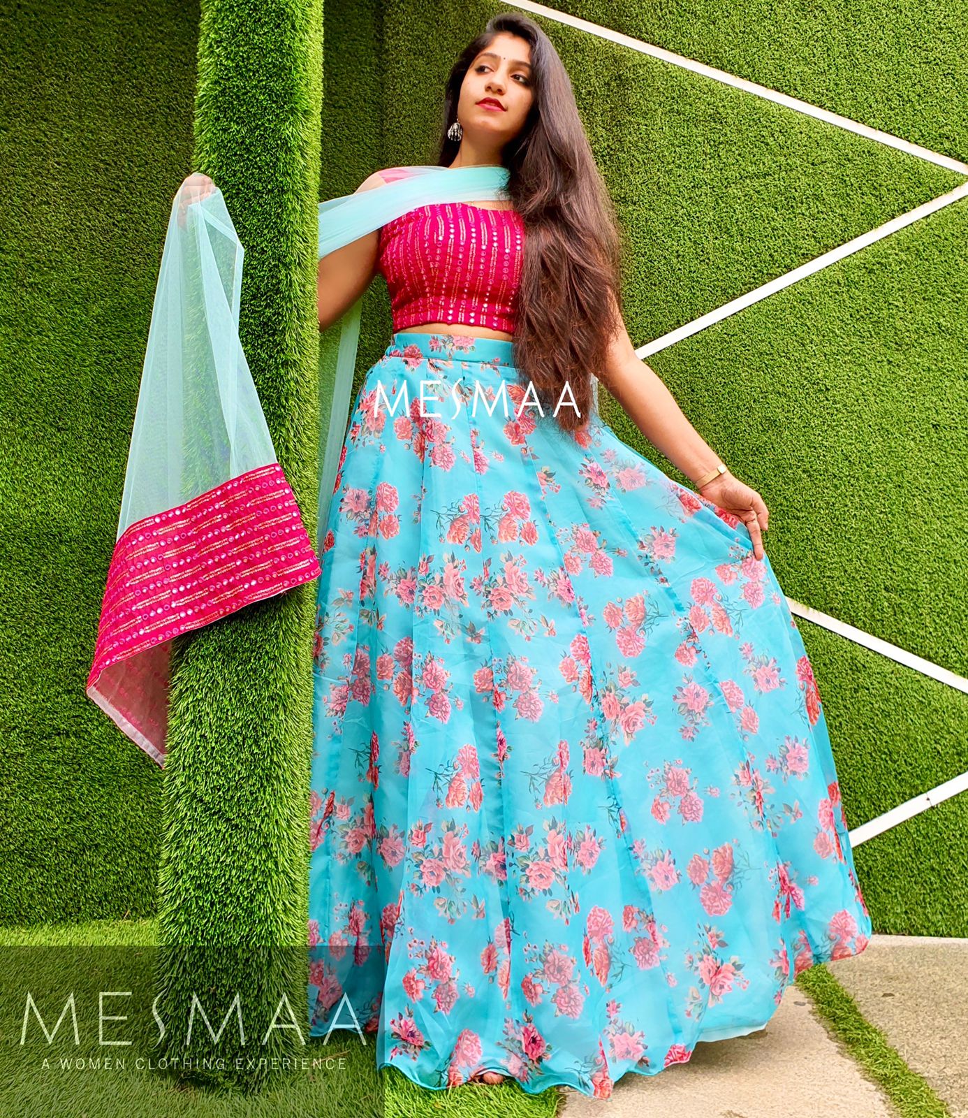 Pink blue floral lehenga.