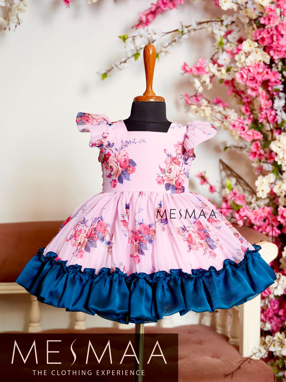 LOTUS PINK INDIGO BLUE FLORAL KIDS FROCK