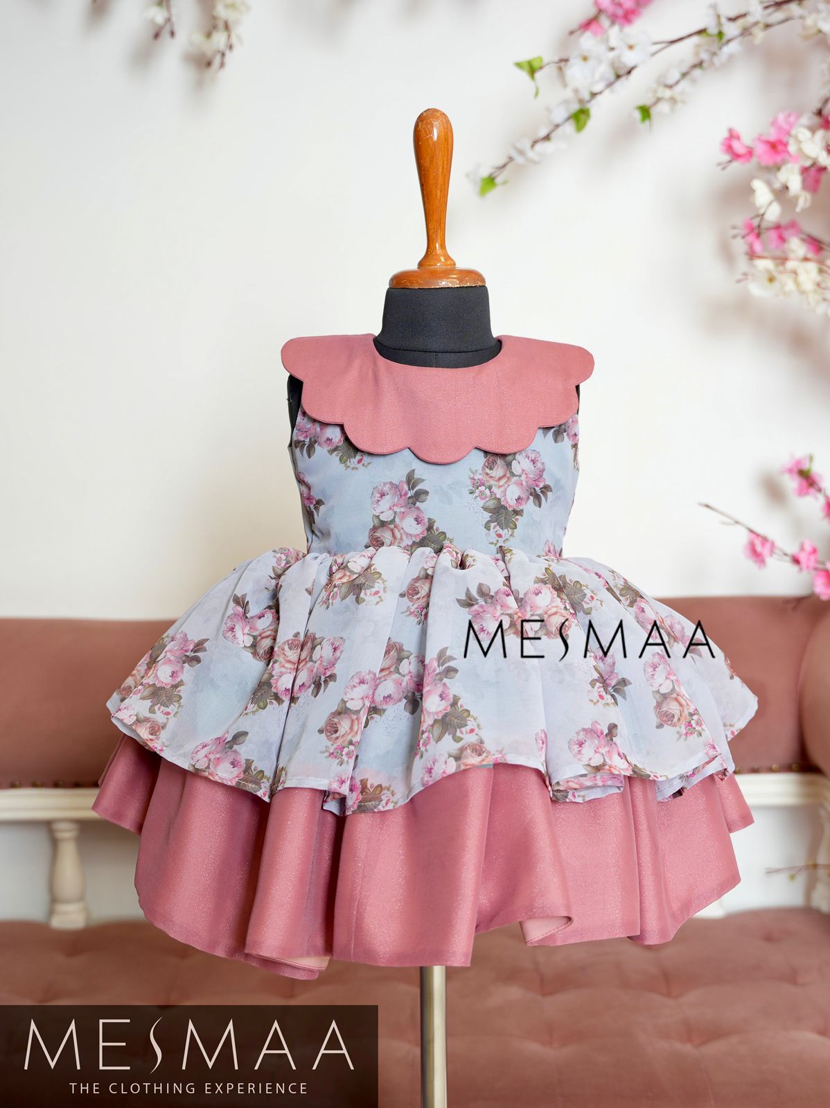 LIGHT GREY DUSTY PINK FLORAL KIDS FROCK