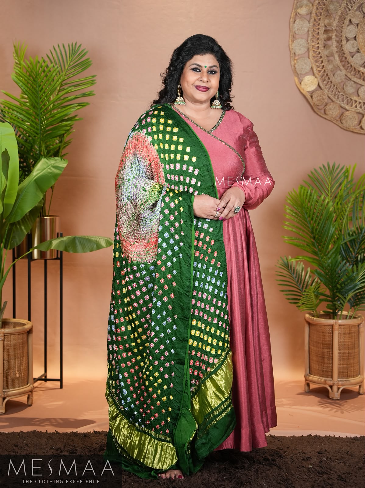 CORAL LEAF GREEN BANDHINI ANARKALI