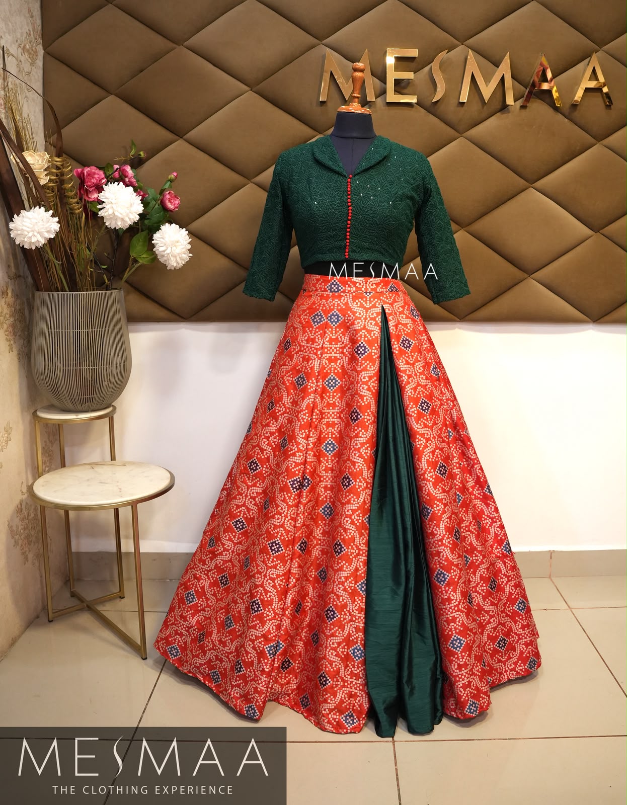 Red bottle green patola lehenga.