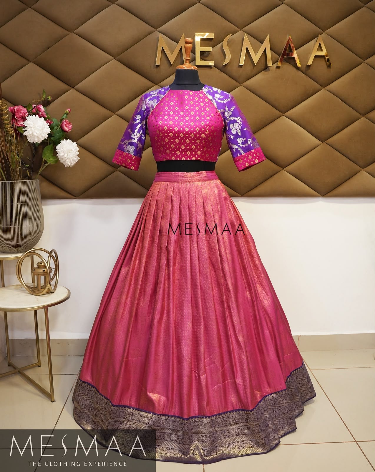 Pink violet silk lehenga.
