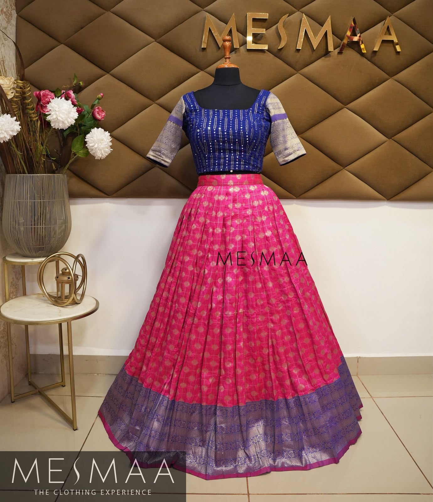 Royal blue fuschia pink silk lehenga.