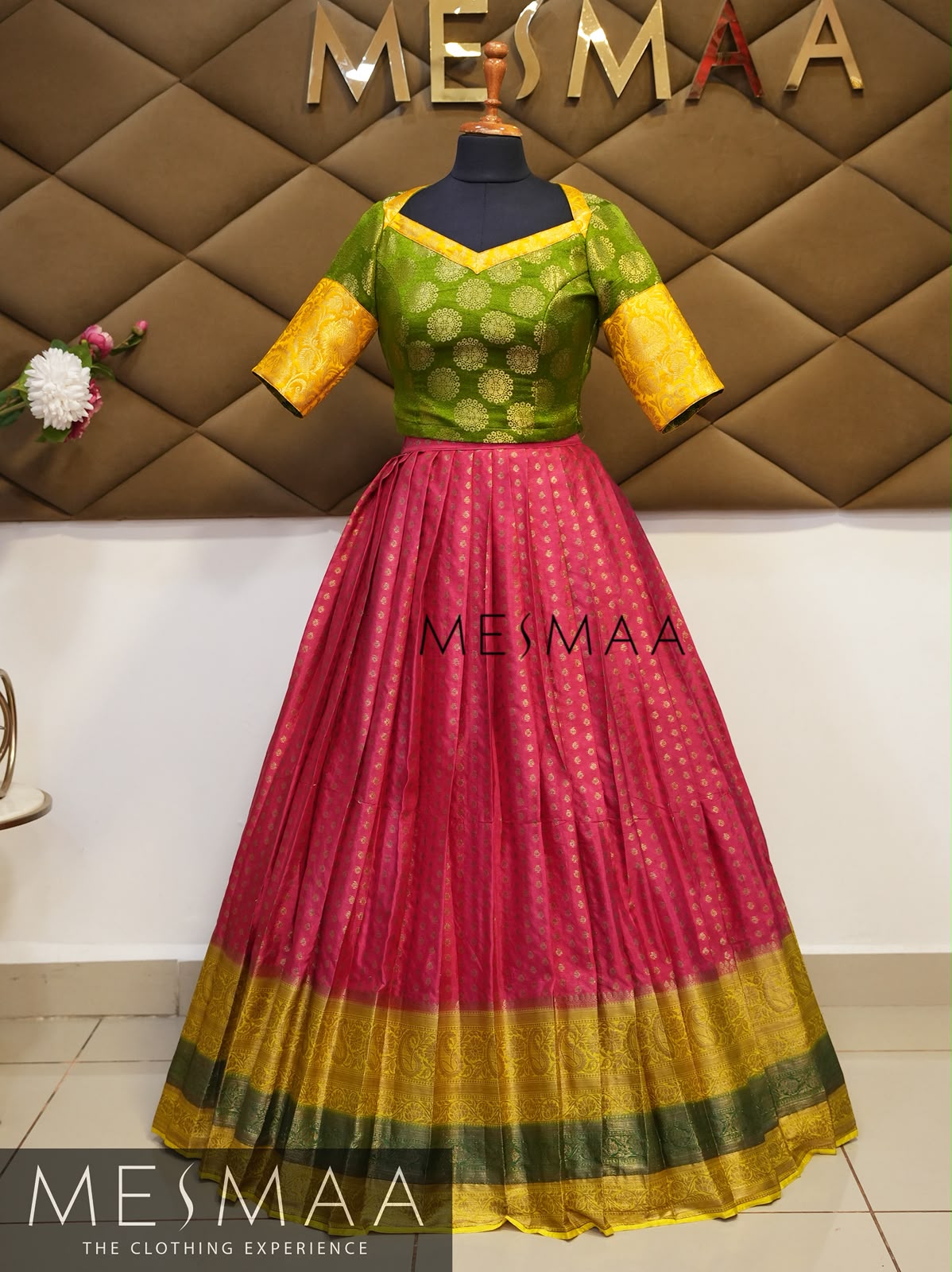 Olive green candy pink yellow silk lehenga.
