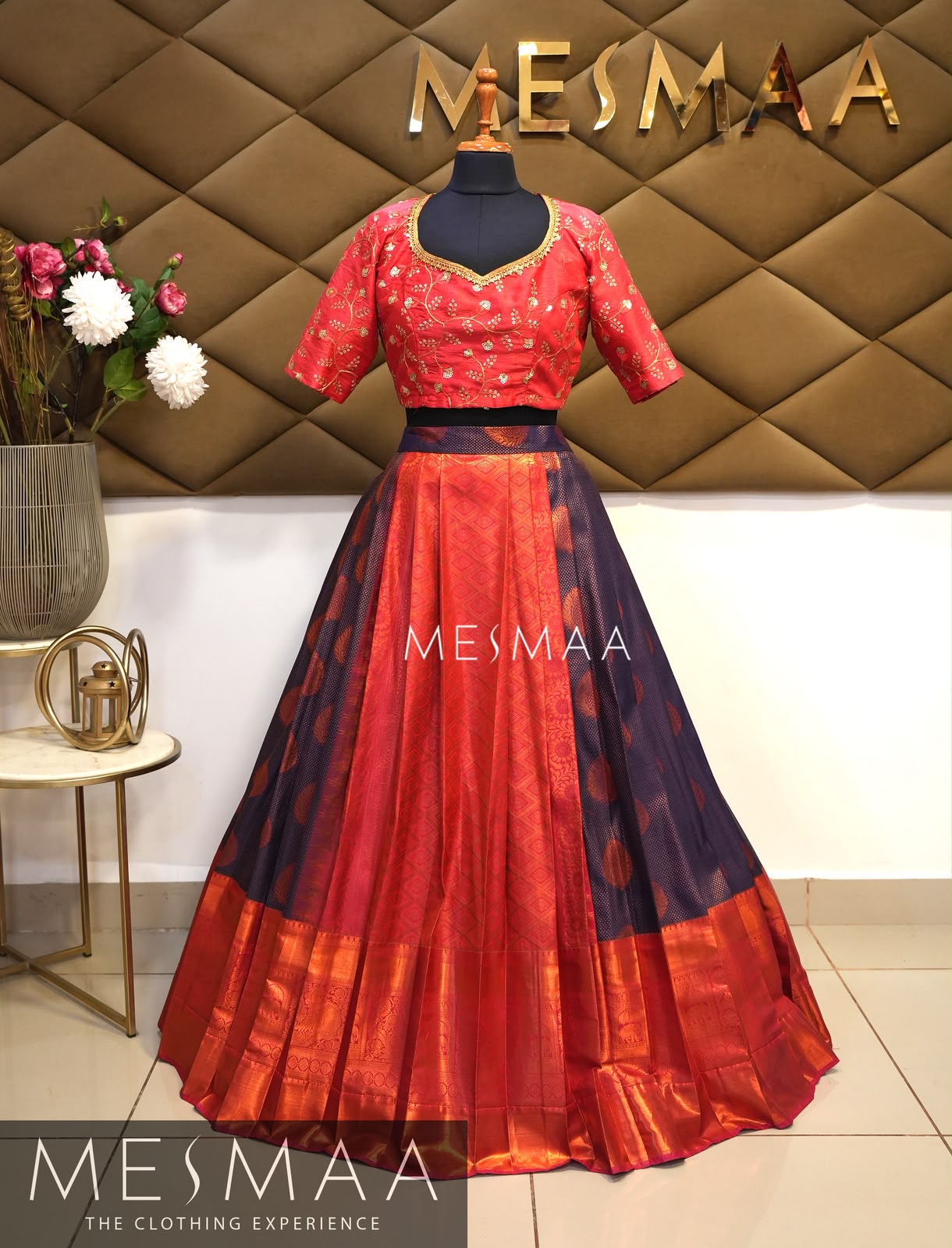 Bright red navy blue silk lehenga.