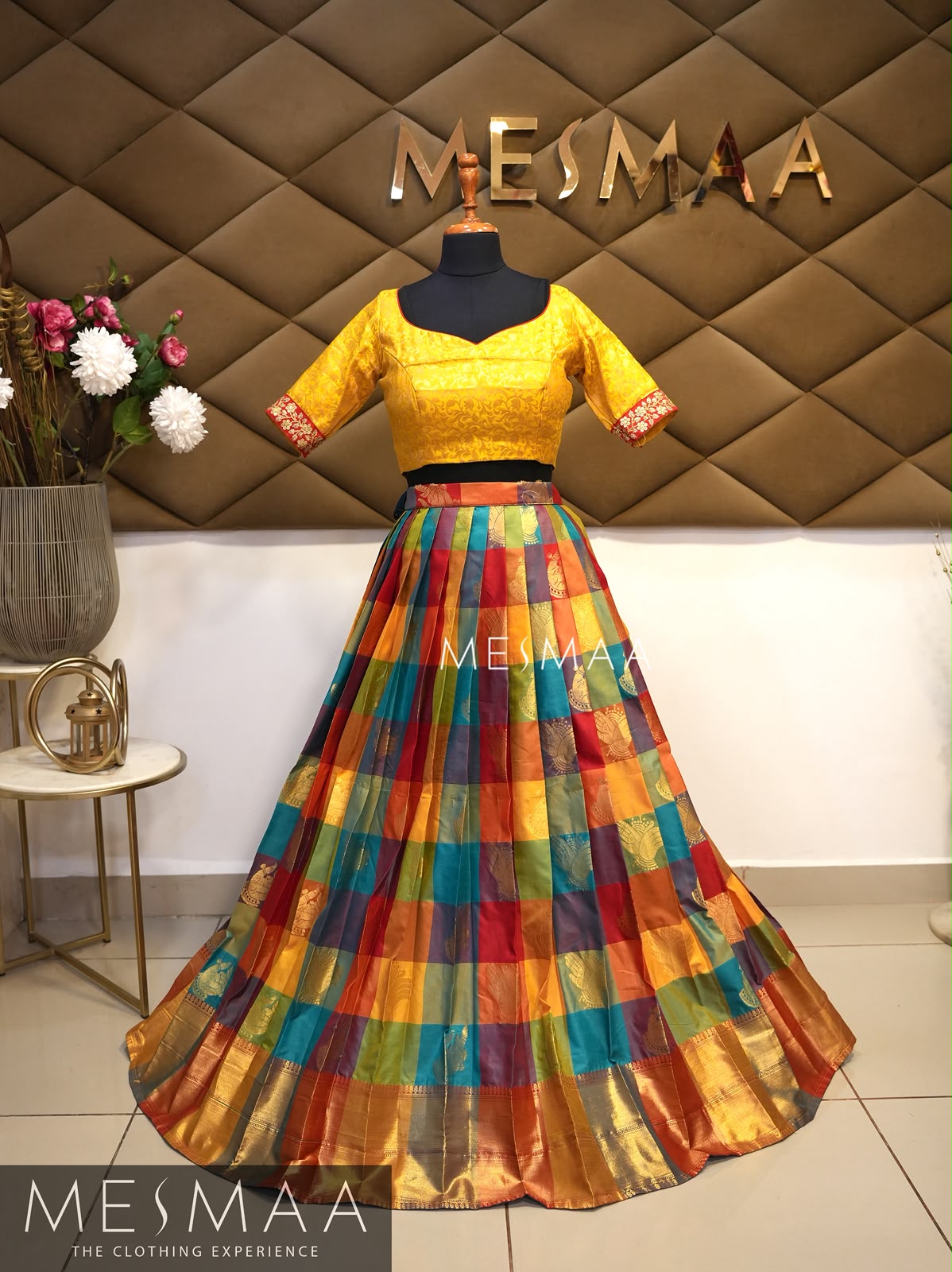 Yellow multicolored silk lehenga.