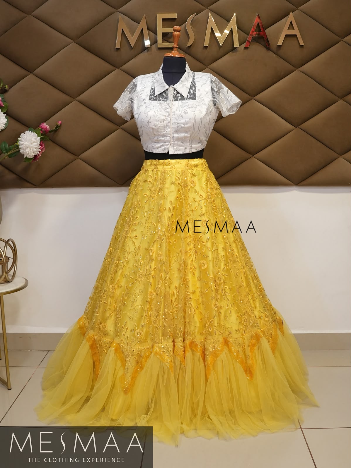 White sunflower yellow lehenga.