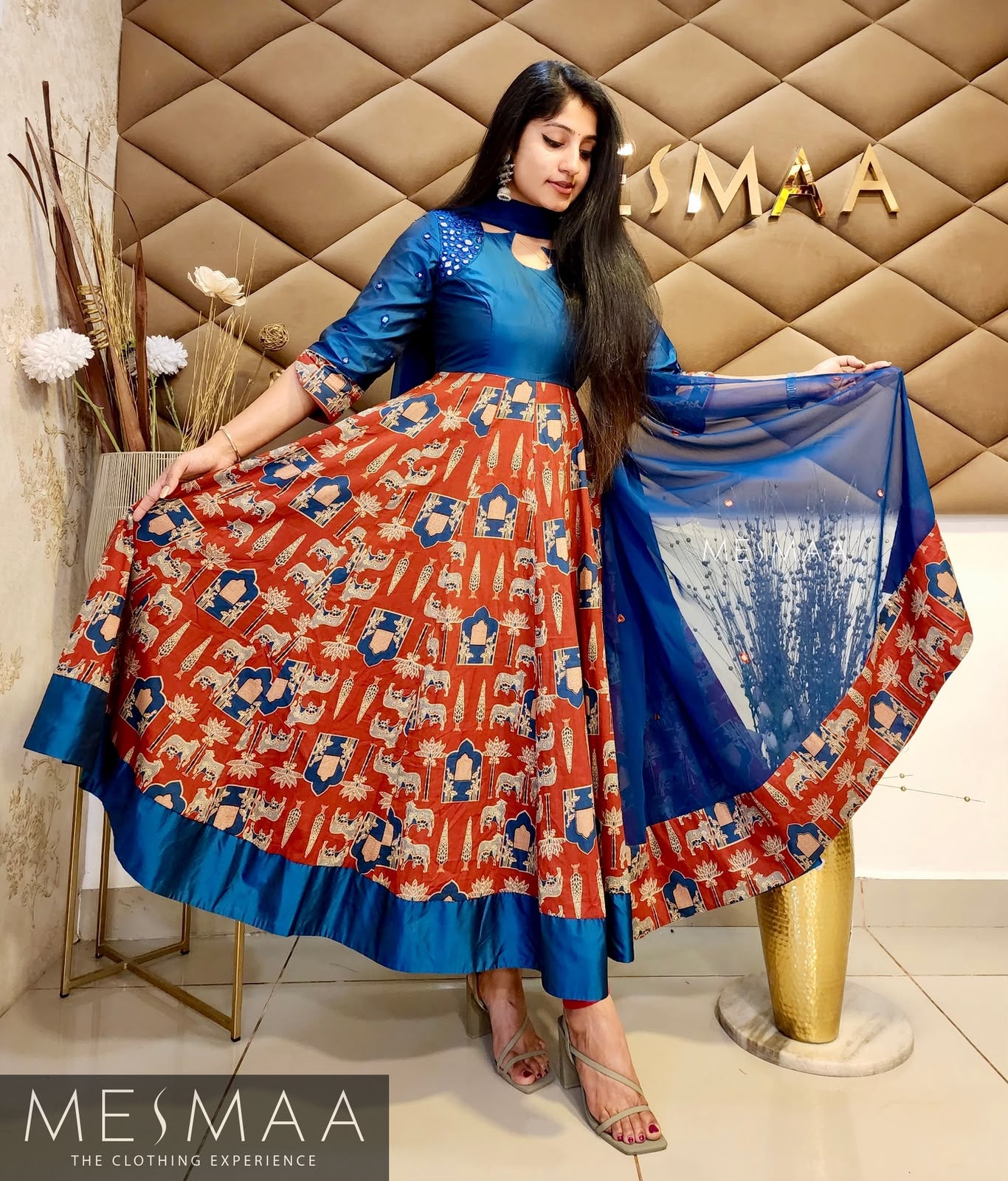 Brick Red Indigo Blue Block Printed Anarkali