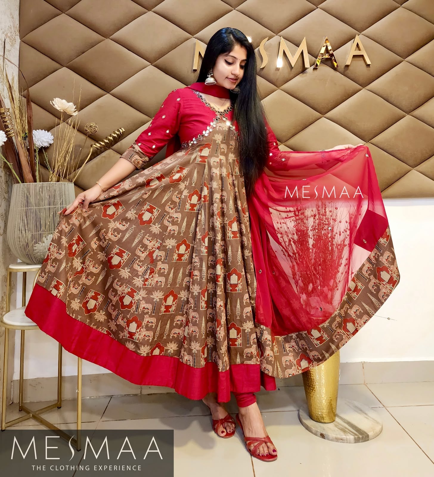 Earthy Brown Crimson Red Block Printed Anarkali