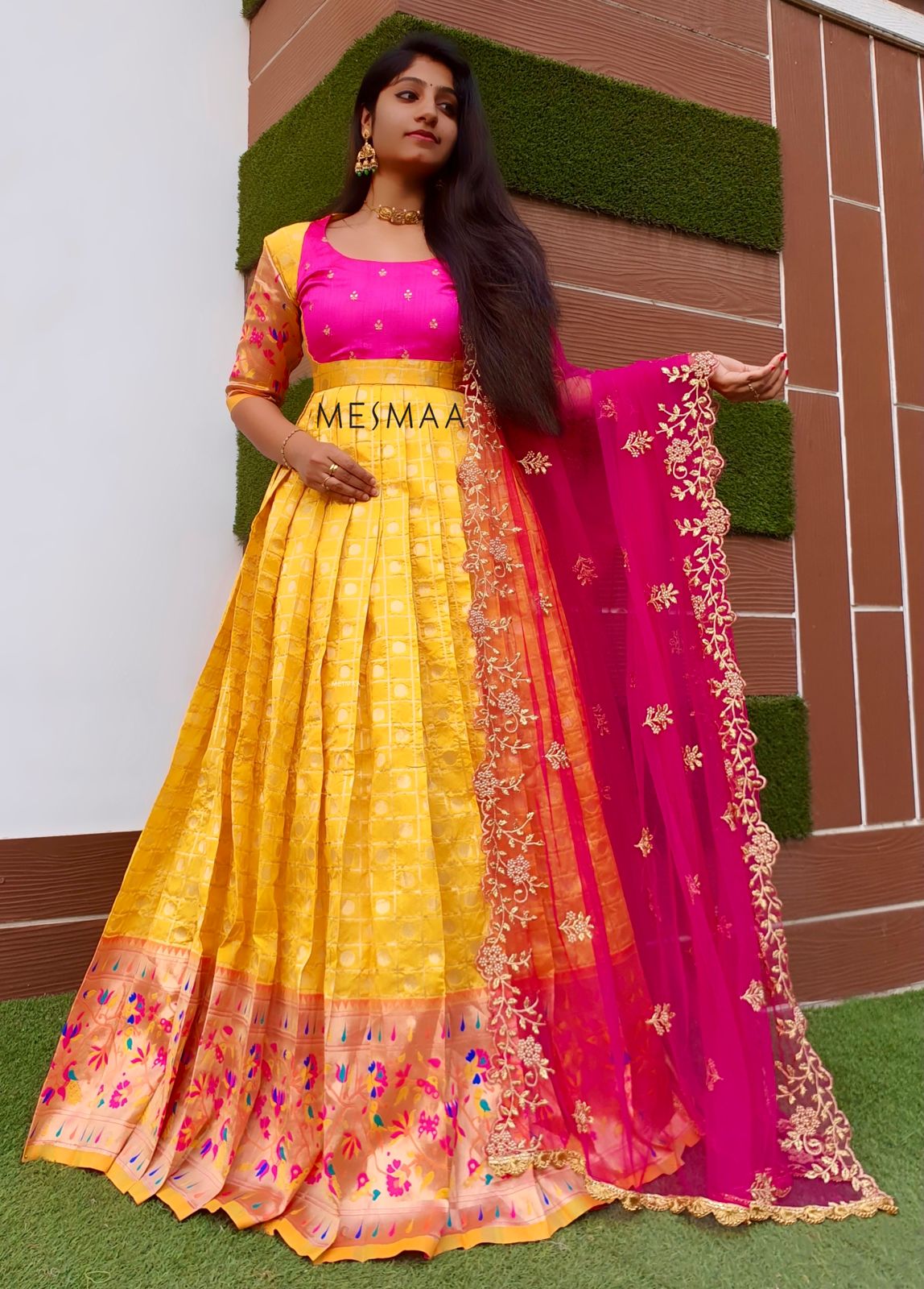 yellow pink  floor length dress