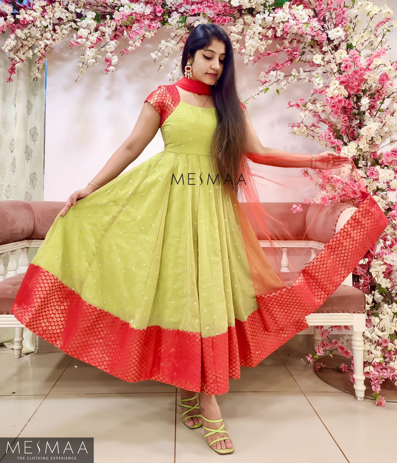 Mint green bright red flared anarkali