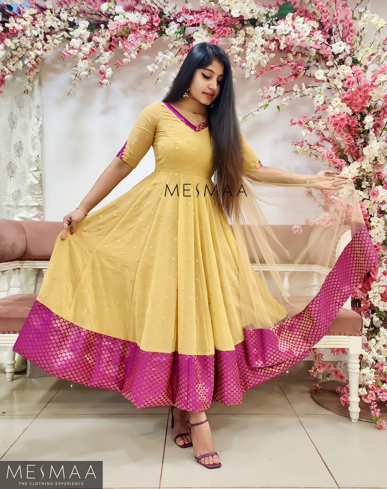 Light Gold Majenta Flared Anarkali