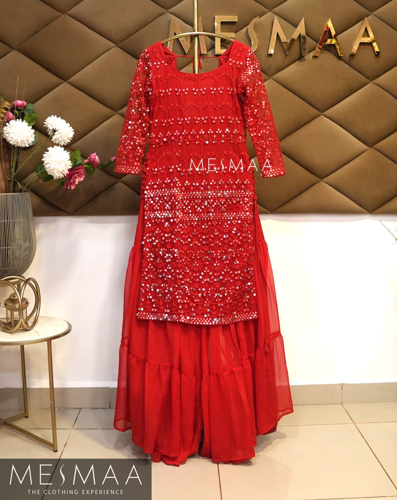 Hot red mirror worked shararah set.