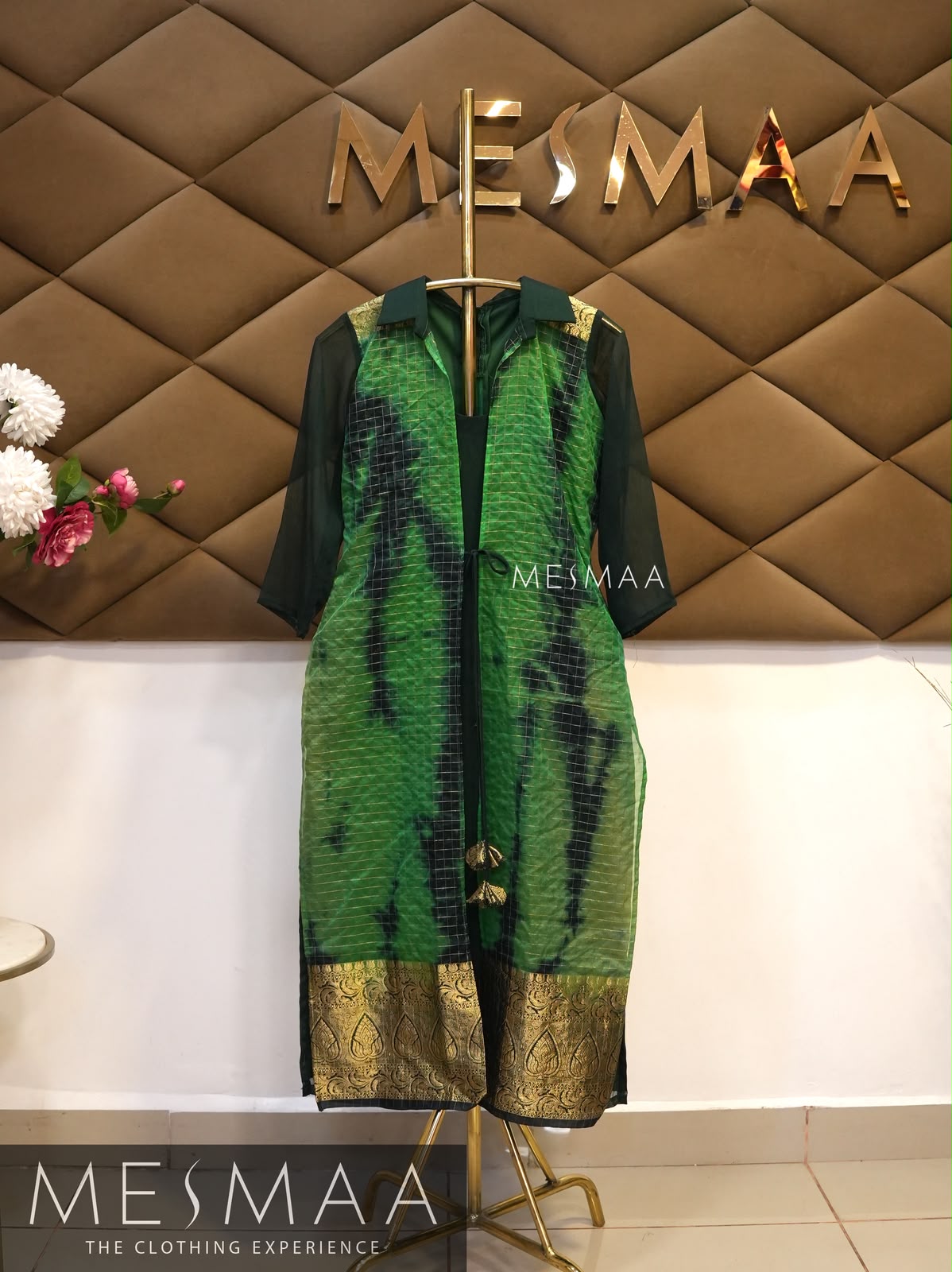 Bottle green tie and dye silk kurti.