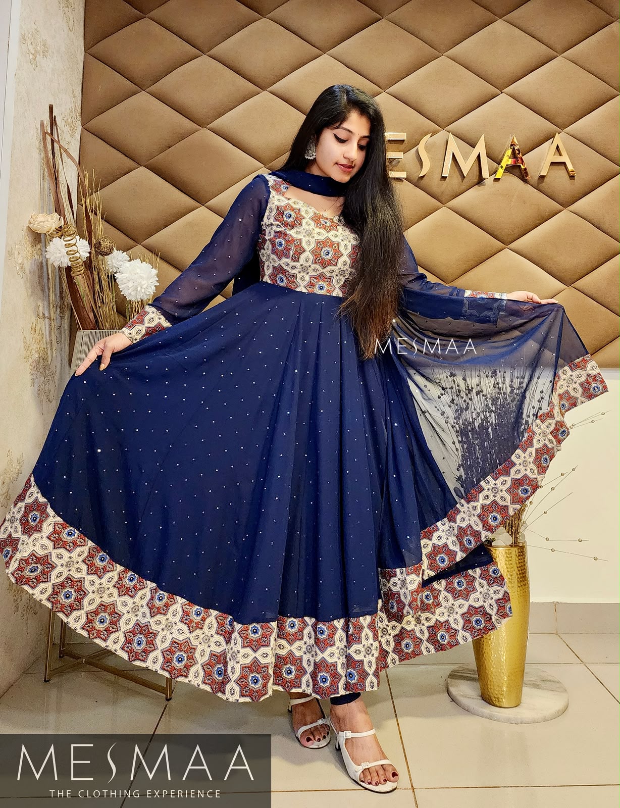 Navy blue half white ajrakh printed anarkali.
