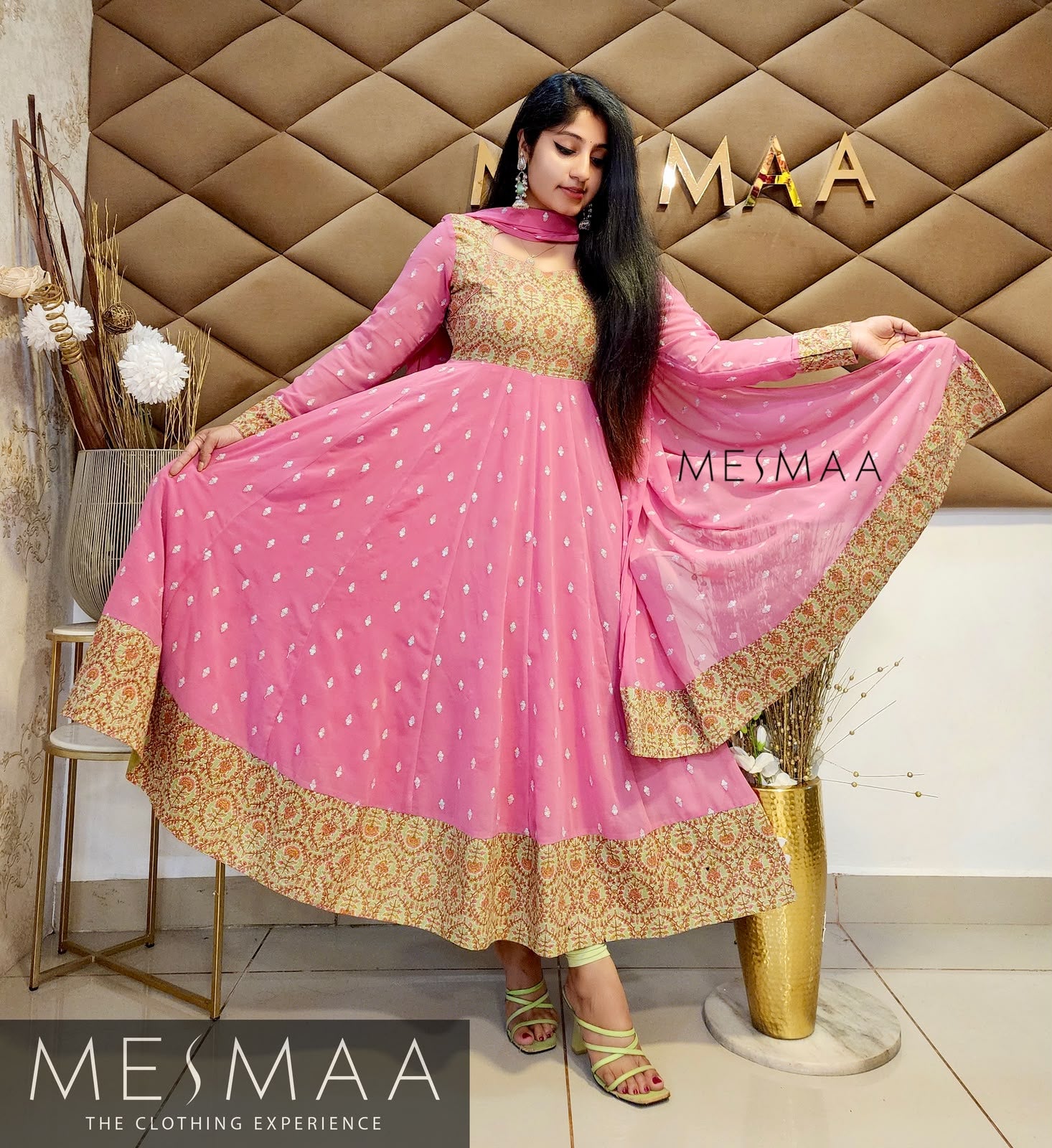 Mint green flamingo pink Jaipur printed anarkali.