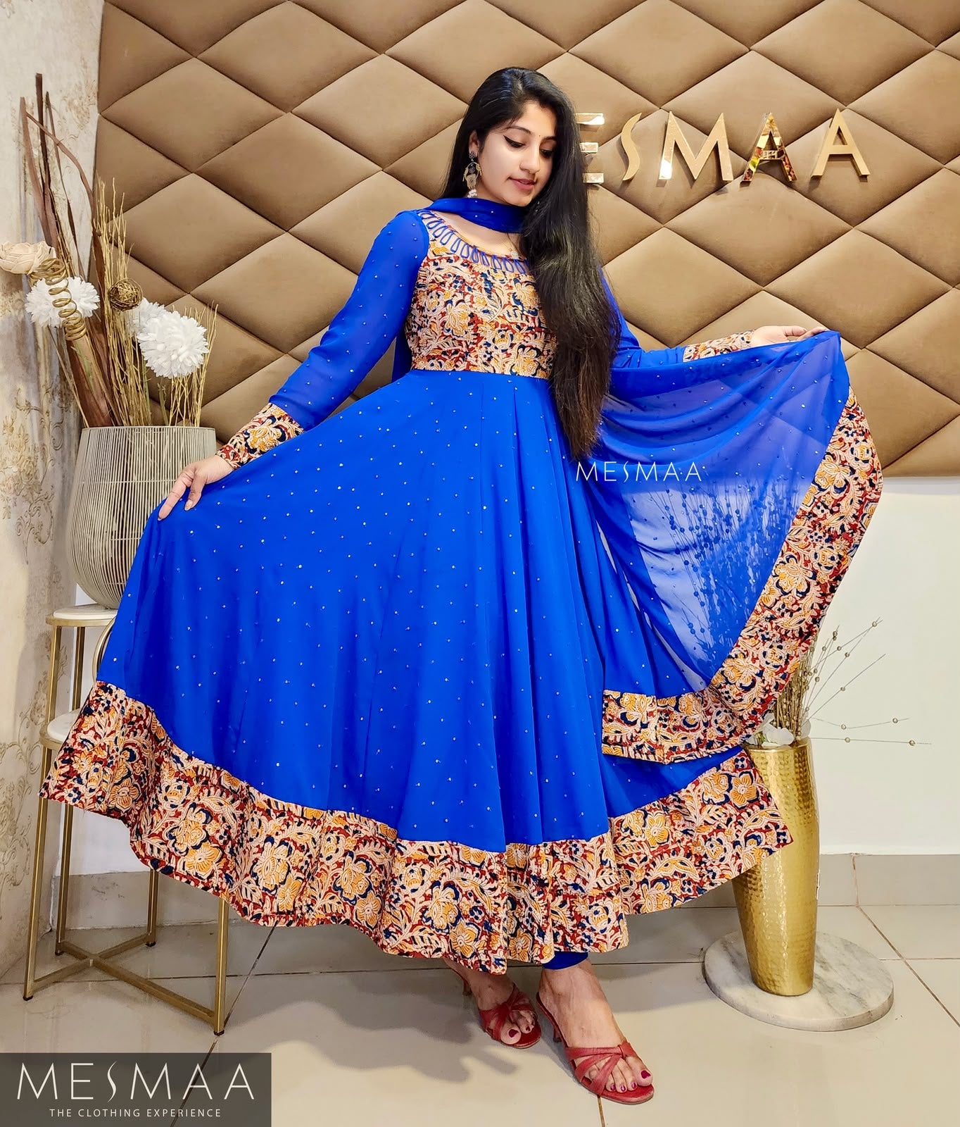 Royal blue crimson red Kalamkari printed anarkali.