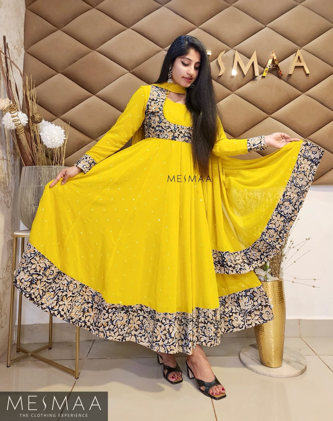 Sunflower Yellow black Kalamkari printed anarkali.