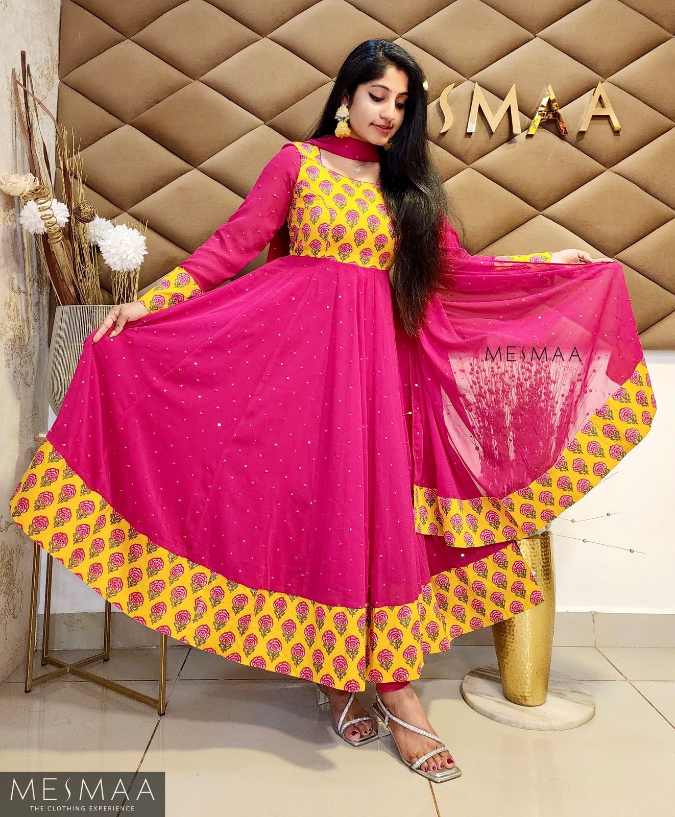 Rani pink sunflower yellow Jaipur printed anarkali.