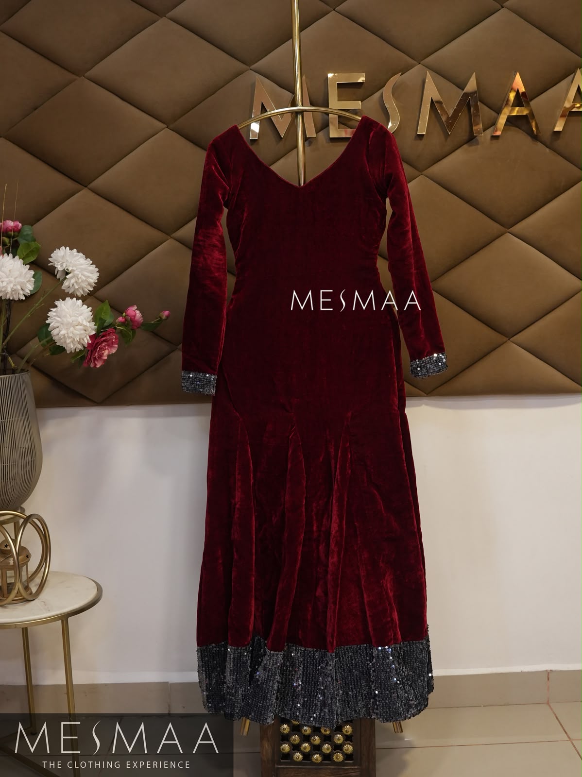 maroon grey velvet dress