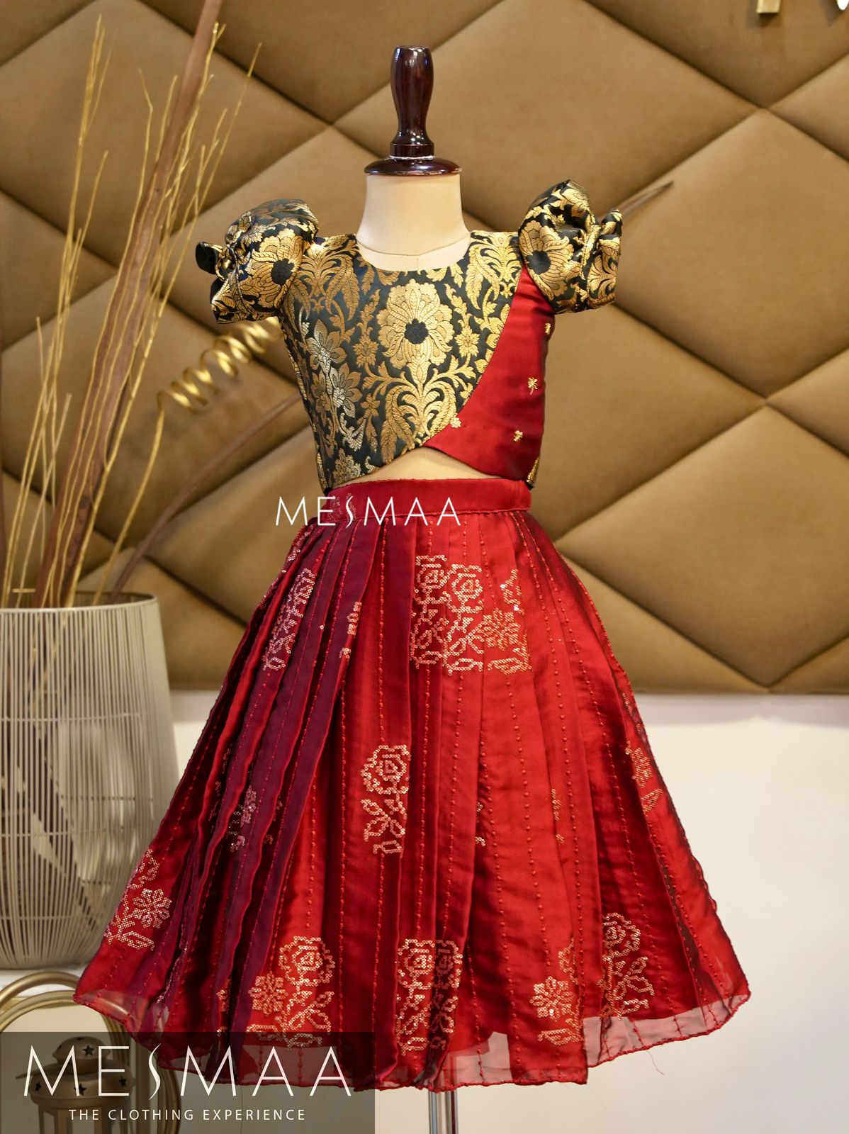 Metallic red black lehenga set.