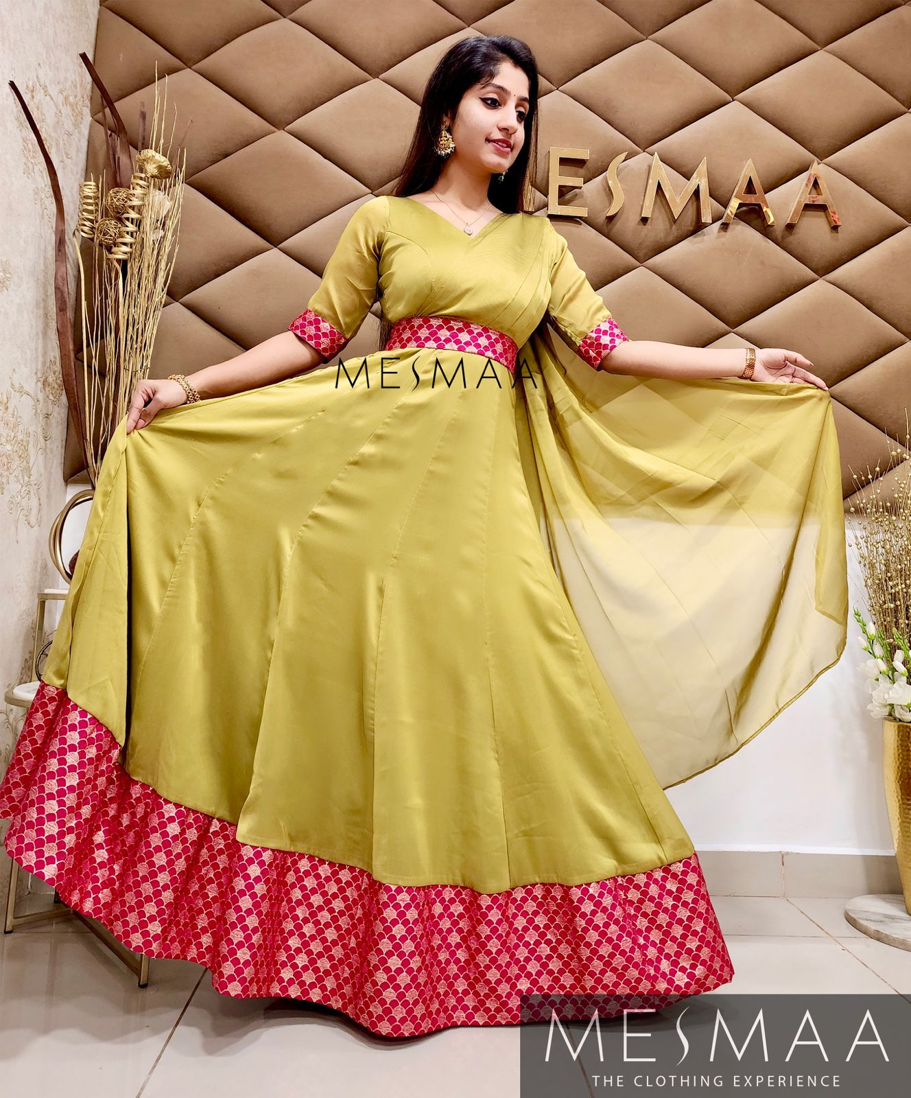 Olive green pinkish red saree gown.