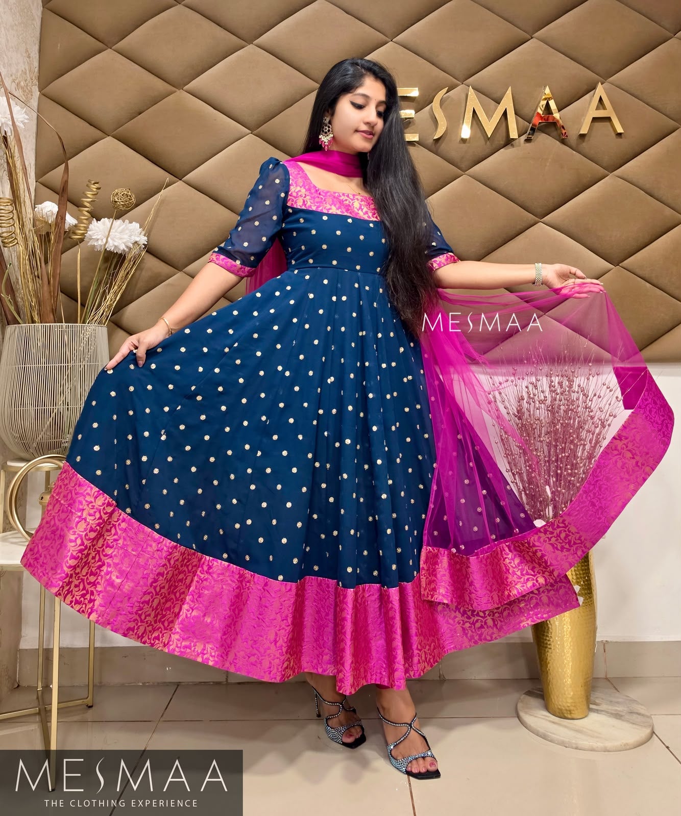 Navy blue - Rani pink georgette brocade anarkali