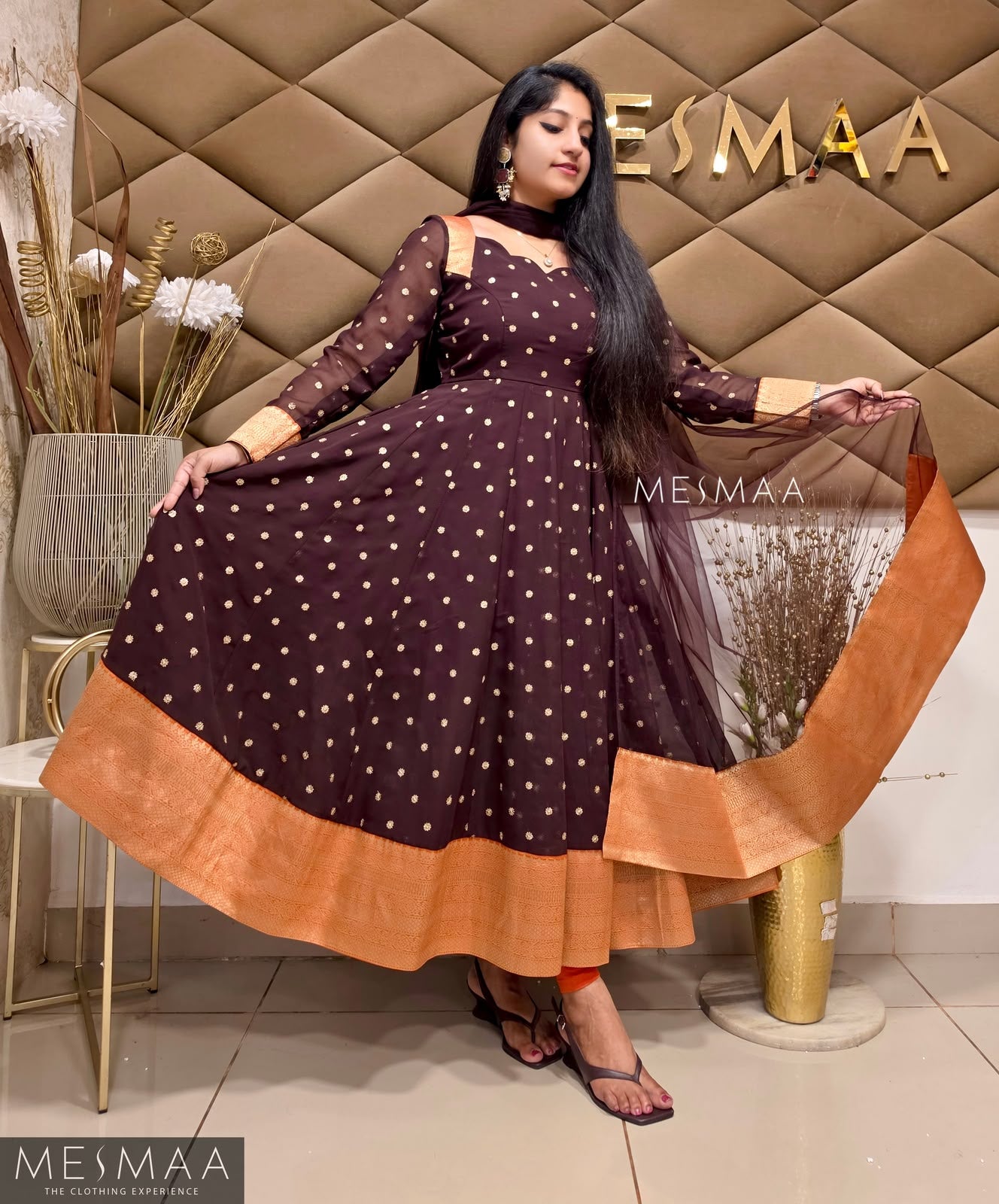 Expresso brown - burnt orange georgette brocade anarkali