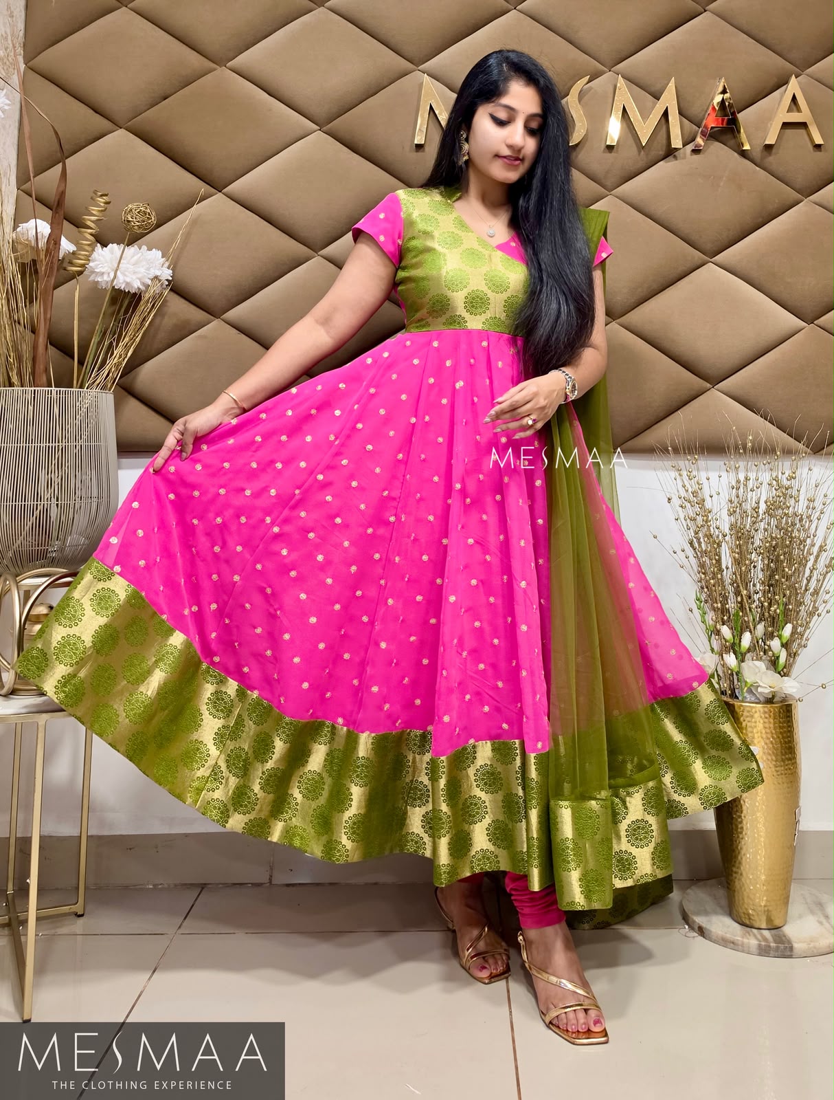 Fuschia pink - olive green georgette brocade anarkali