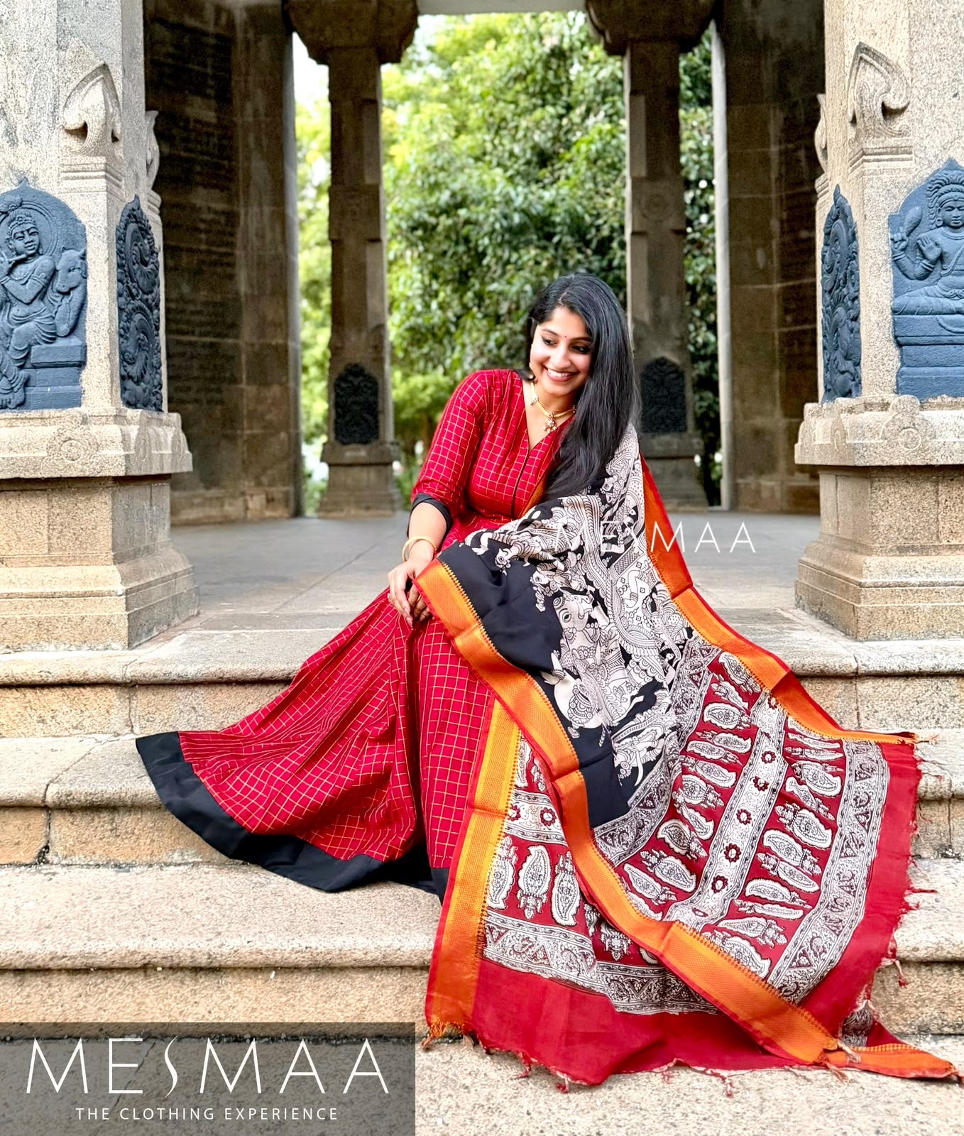 Crimson red black hand-painted kalamkari anarkali.
