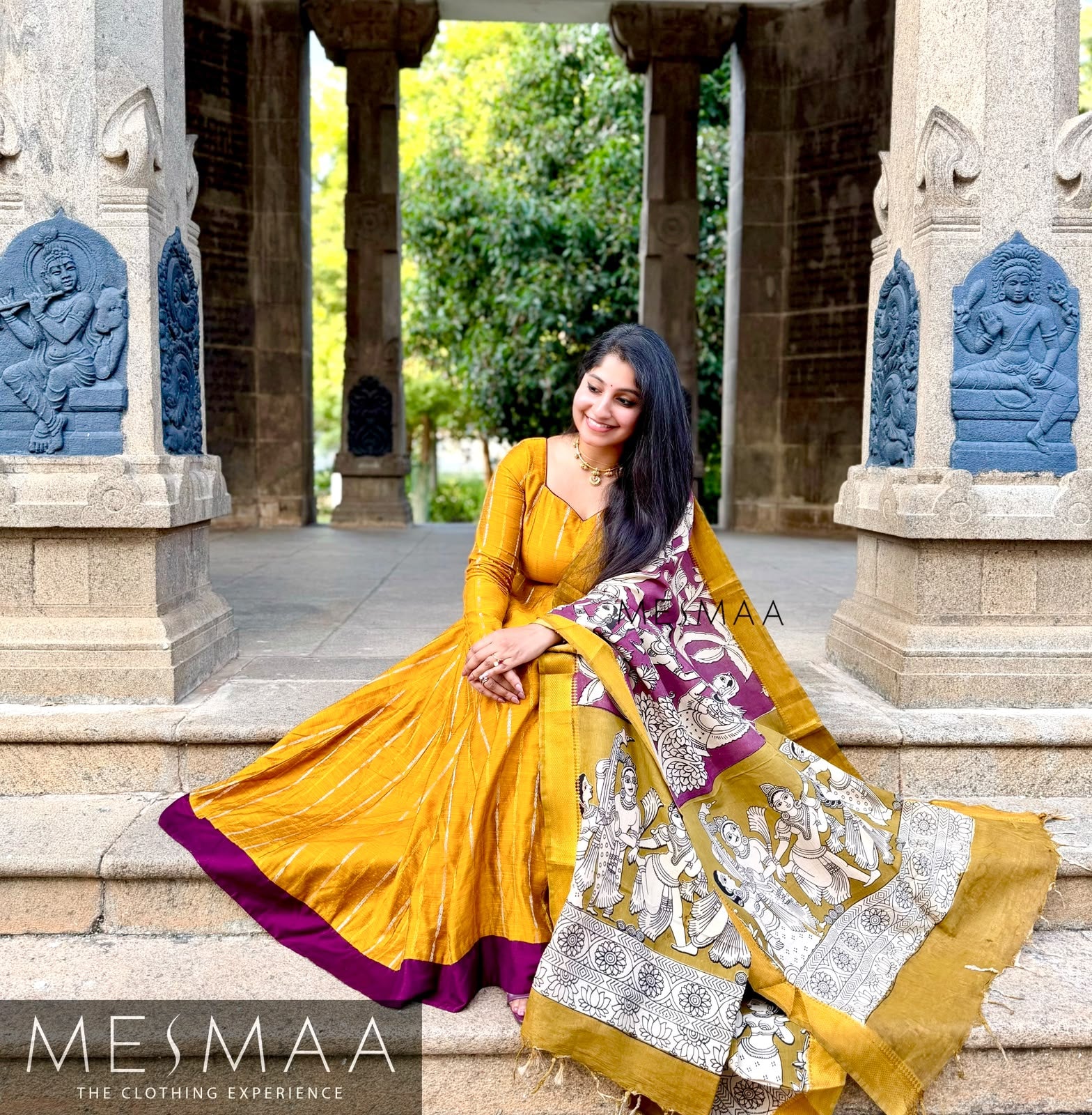 Mustard yellow purple hand-painted kalamkari anarkali.
