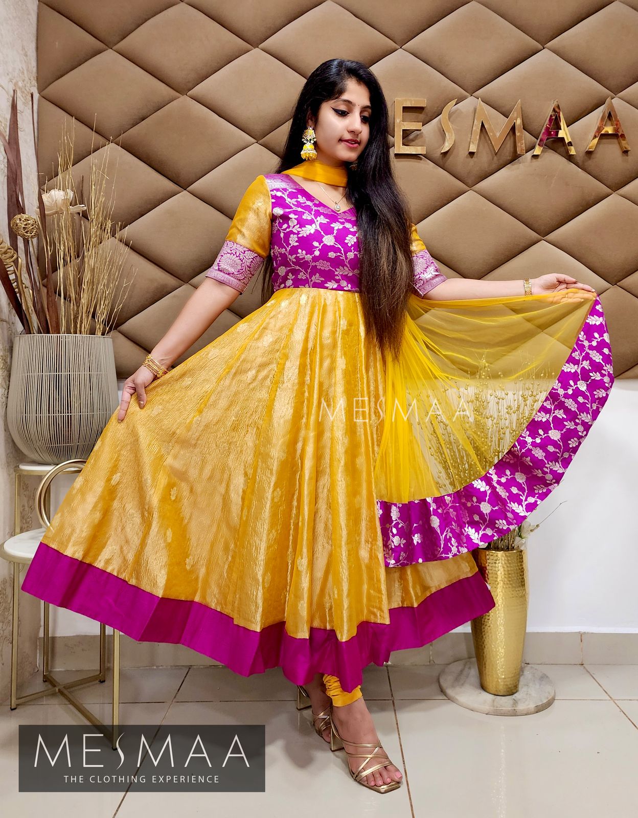 Purple mango yellow tissue anarkali.