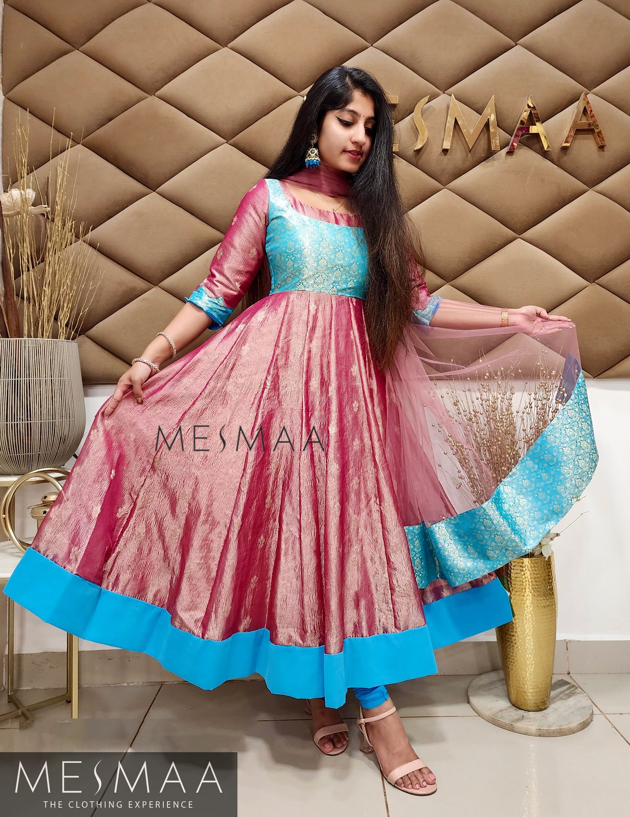 Metallic pink Sky blue tissue anarkali.