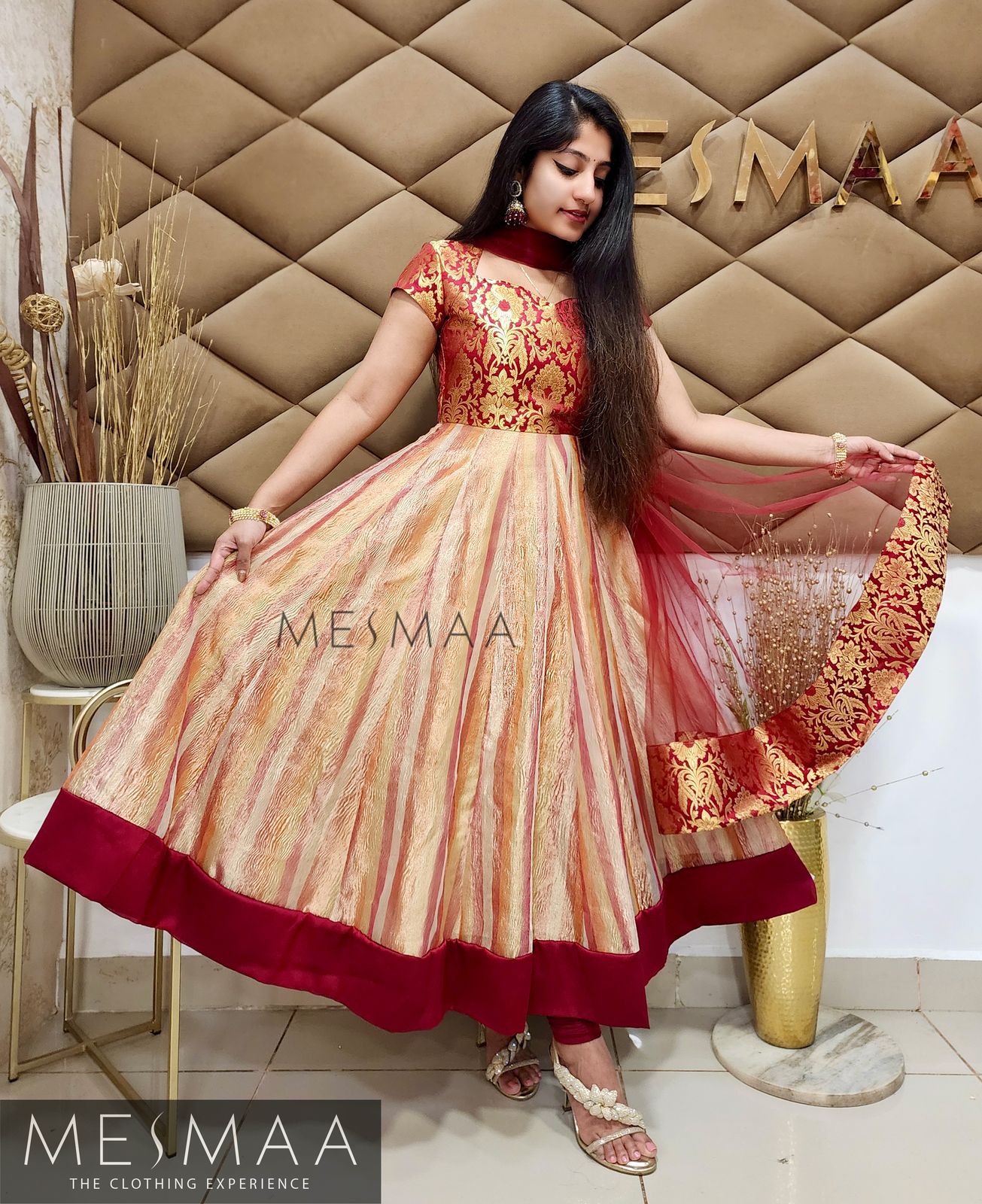 Dark red Multi coloured tissue anarkali.