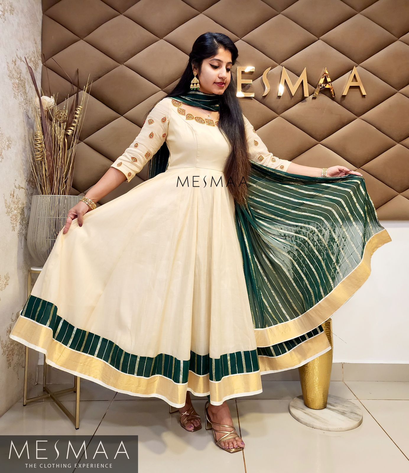 Bottle green golden white Kerala type anarkali