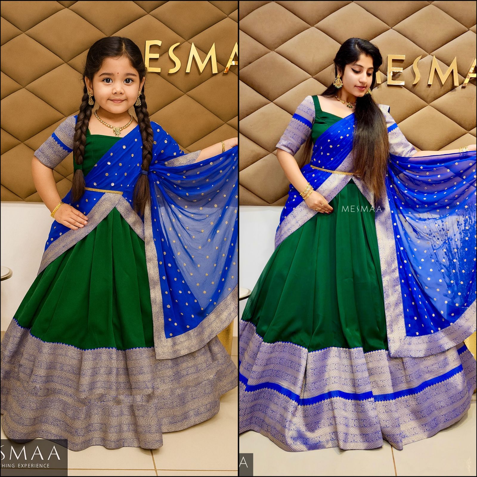 Royal blue bottle green kids half saree set.