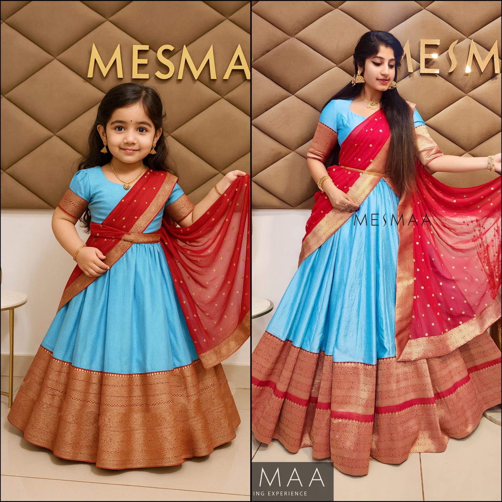 Crimson red sky blue kids half saree set.