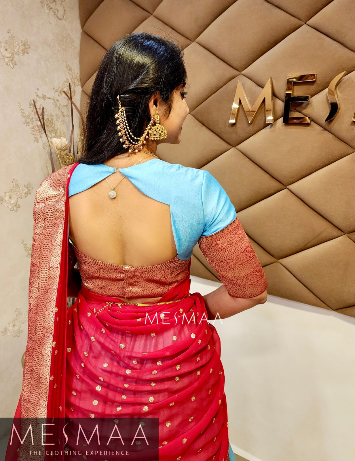 Crimson red sky blue half saree.