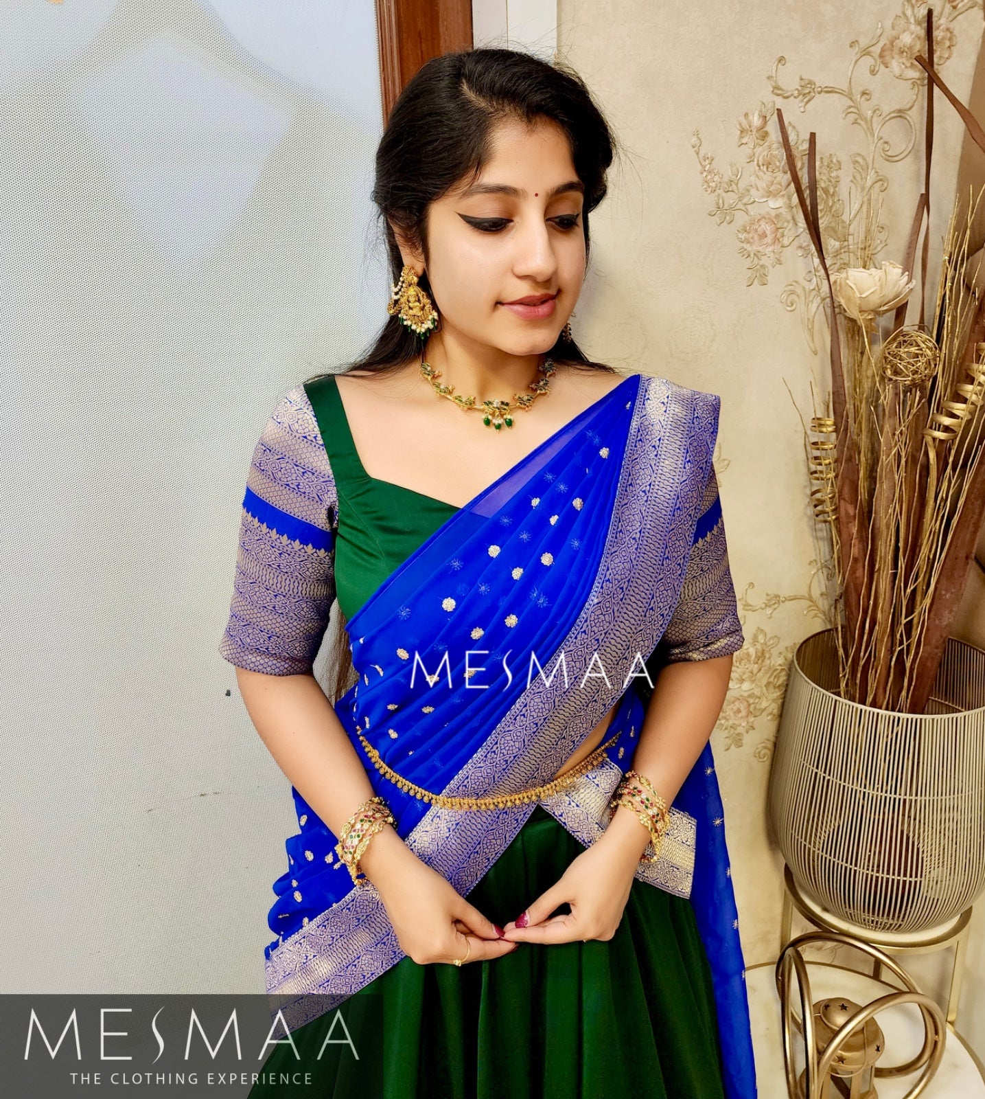 Royal blue bottle green half saree.