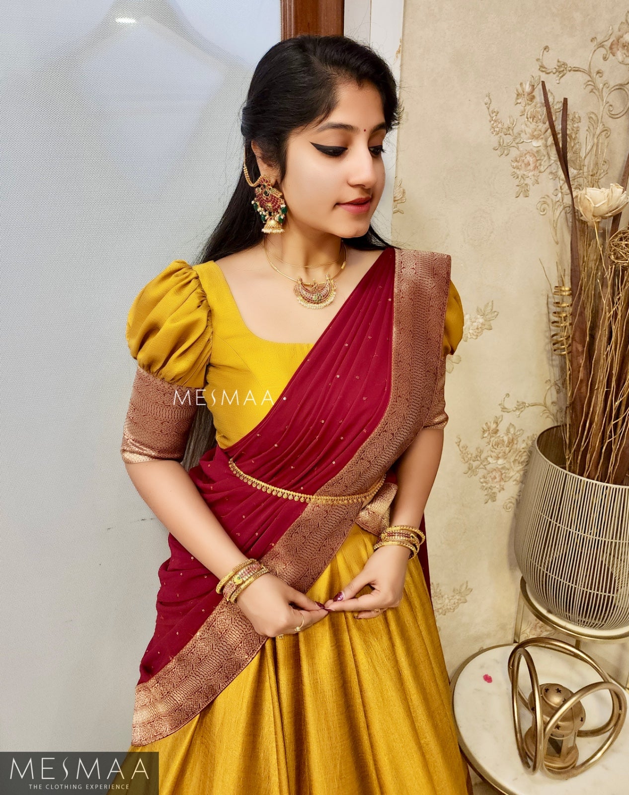 Maroon mustard yellow half saree.