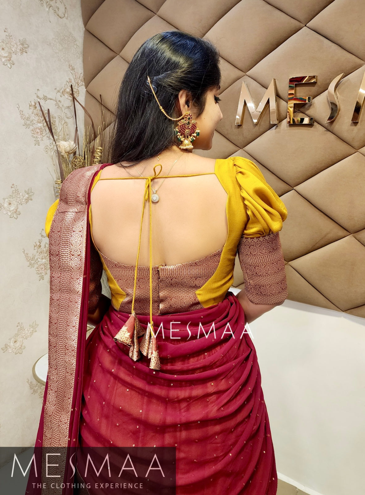 Maroon mustard yellow half saree.